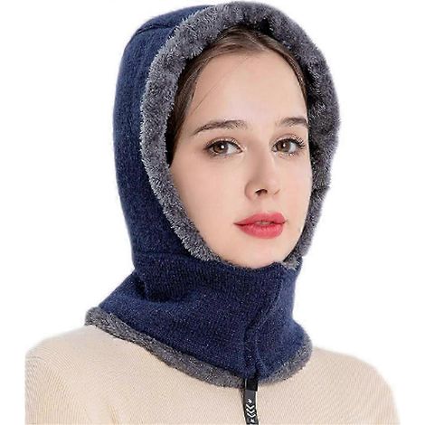 Cagoule élégante en maille pour femme, ensemble bonnet et écharpe avec fermeture éclair, cache-cou et cache-oreilles, capuche rembourrée en polaire épaisse et coupe-vent, idéale pour le vélo, le ski e (1/5)