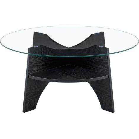 Mesa de centro redonda de cristal de seguridad Ø 80 cm, estructura de MDF en negro, HOMVRA (1/5)
