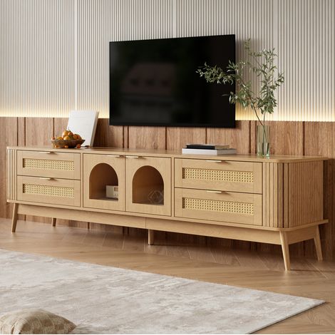 Mueble TV (180x40x50 cm), con dos puertas de vidrio de seguridad curvo, cuatro cajones, LED APP, tablero de partículas, natural (1/5)