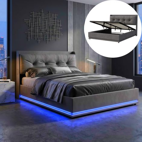 Lit coffre hydraulique 140x190 lit double rembourré LED avec USB Type-C élégant en velours pour chambre adulte - Gris (1/5)