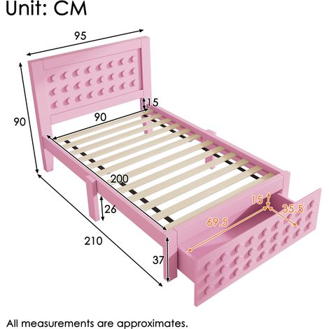 Lit simple en bois 90×200cm rose,design créatif en blocs,cadre massif,tiroirs et rangement sous le lit,pour enfants sans matelas (1/5)