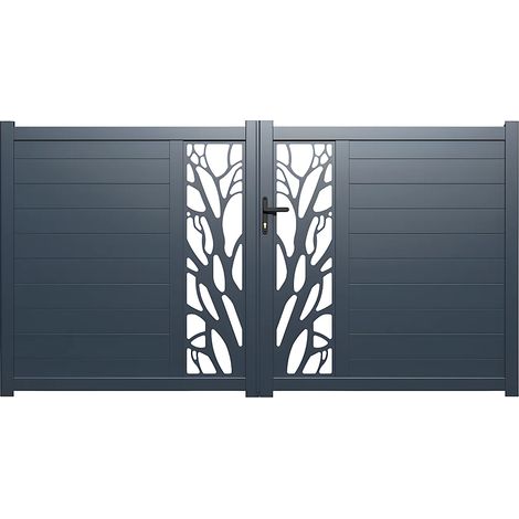 Cancello a battente in kit L300 x H164 cm Alluminio semi traforato con motivi Antracite - LABRIT II