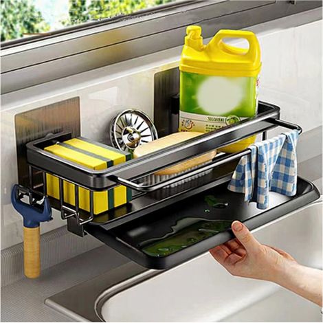 Égouttoir mural en aluminium pour évier de cuisine, porte-éponge et porte-serviettes, étagère égouttoir à savon, panier, étagères à shampoing pour salle de bain, gain de place (1/5)