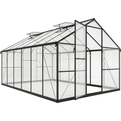 Serre de jardin aluminium polycarbonate, abri de culture noir avec fenĂŞtres de toit ajustables 363x247x205cm (1/5)