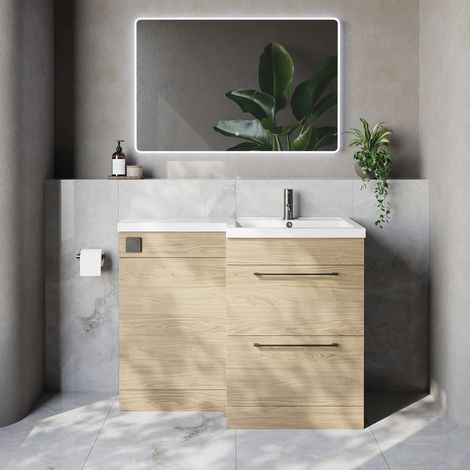 Napoli 460 Light Oak 1100mm 2 Drawer Vanity Unit Toilet Suite with Right Hand Square Lucia Basin - 1100mm - Gunmetal Grey 320mm HandleWithout Kingston Toilet Pan