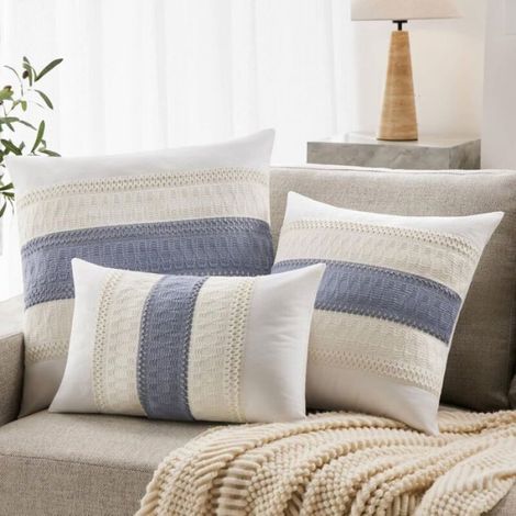 Housses coussin bohème coton doux 45x45 cm, blanc/bleu, lot de 2 (1/5)