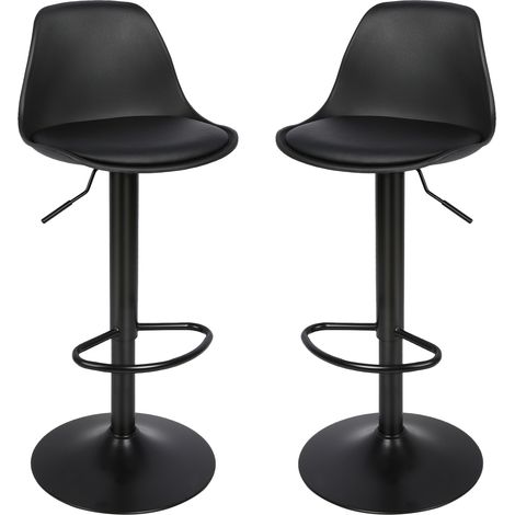 Hofuton Lot de 2 tabourets de bar rembourrés et pivotants avec système de levage pneumatique, chaise de bar en simili cuir avec dossier de cuisine, hauteur réglable, noir (1/5)