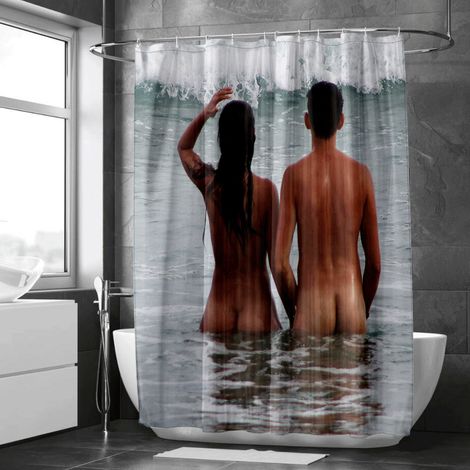 Rideau de douche motif montagne et ciel au lever du soleil, tissu salle de bain imperméable, 90x180 cm (1/5)