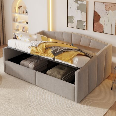 Polsterbett 140x200 cm mit Stauraum und Lattenrost, Multifunktionales Schlafsofa mit hydraulischem Bettkasten, Tagesbett Samtstoff Hellgrau (1/5)