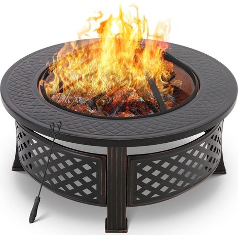 Brasero Exterieur 3 en 1, Braséro Barbecue, Brasero de Jardin, Cheminée de Jardin, 80x80x54cm, Chauffage en Hiver, avec Grill Acier Inoxydable 304, Pare-Étincelles, Fourche à feu