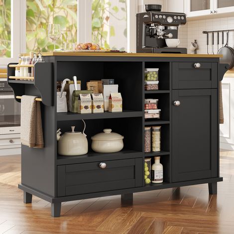 Carrello da cucina, piano in legno con 2 cassetti e spazio di archiviazione, carrello da cucina mobile, 129 x 46 x 92 cm, moderno, nero (1/5)