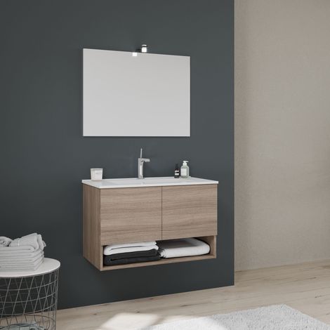 Kiamami Valentina – Armoire de salle de bains murale en chêne 80 cm – 2 portes avec fermeture amortissante – Compartiment ouvert – Lavabo céramique blanc (1/5)