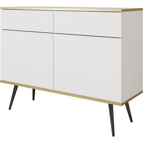 Credenza 107 cm, 2 cassetti, 2 ante, 4 ripiani, Bianco, gambe nere, 107 x 39 x 85 cm (1/5)