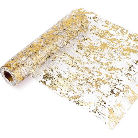 Chemin de table en tulle polyester scintillant avec feuille d'or, idéal pour décoration de fête d'anniversaire, mariage ou Noël (28 cm x 10 m). (1/5)