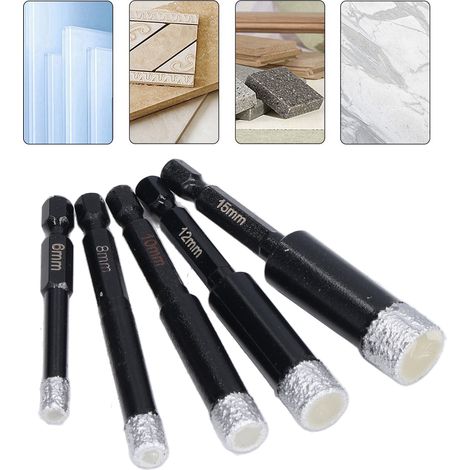 5 pièces Forets Diamantés pour Granit et Marbre, Mandrin Hexagonal 6-15mm pour Céramique