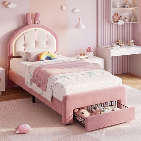 Lit Enfant 90×200 cm Velours Rose, Tête de Lit Motif Lapin avec LED RGB, 1 Tiroir de Rangement à Roulettes, Sommier à Lattes Robuste (1/5)