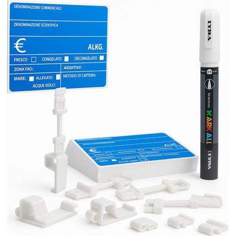 KIT 25 Cartellini segnaprezzo per banco Pescheria in PVC con supporti e pennarello - 25 segnaprezzi azzurri per alimenti (1/5)