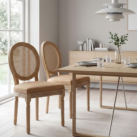 Lot de 2 Chaises Bois Massif - Dossier confortable Rotin Assise Lin Rembourrée, finition vieillie - style campagnard, Marron (1/5)