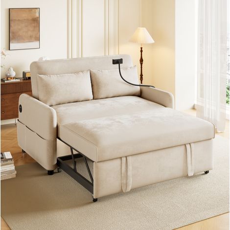 Schlafsofa 2-Sitzer mit Schlaffunktion USB Chenille Beige OKMYHOME (1/5)
