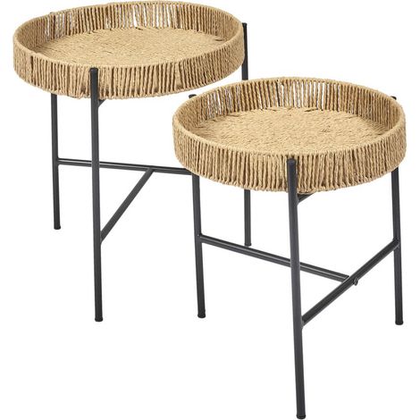 CORDY - Tables Gigogne en Métal Noir avec Plateaux Amovibles Façon Cordage (1/5)