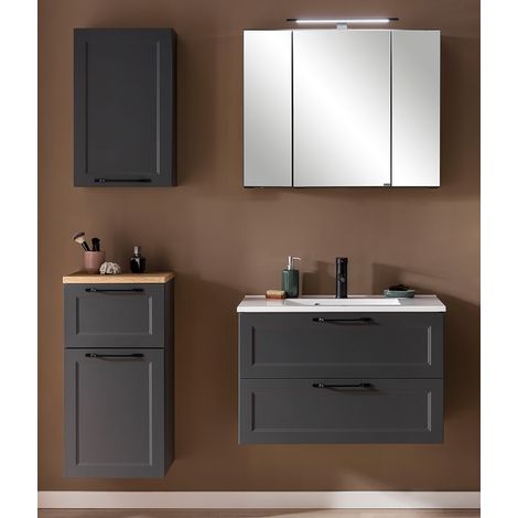 Badezimmer Set im Landhaus Stil mit Waschbecken & LED-Spiegelschrank in dunkelgrau MARLING-03, B/H/T ca. 140/200/47 (1/5)