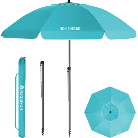 HOMEDEMO Parasol Plage Inclinable avec Revêtement Argenté, Protection Solaire UV50+, avec Pied d'Ancrage à Visser & Housse de Protection, pour Terrasse, Piscine, Marché, 200cm, Bleu turquoise (1/5)