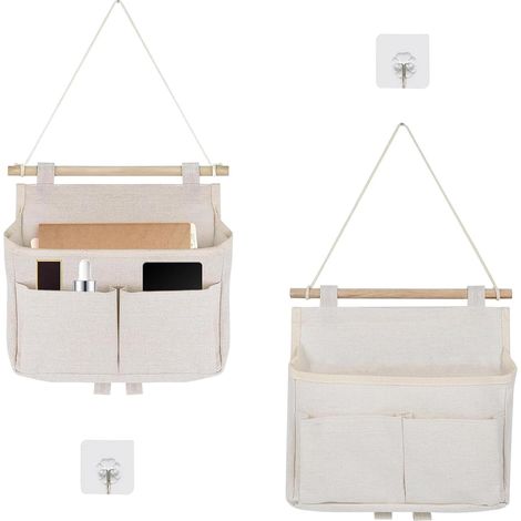 2 bolsas plegables de pared – 3 compartimentos + gancho adhesivo – blancas – baño/oficina
