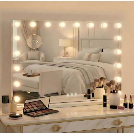 Miroir Coiffeuse de Maquillage 80×60 cm, LED 18 Lampes Super HD Vanity Mirror Makeup pour Femmes, avec Commande Tactile 3 Couleurs De Lumière, Port USB–pour, Inclut Grossissant ×10 (1/5)
