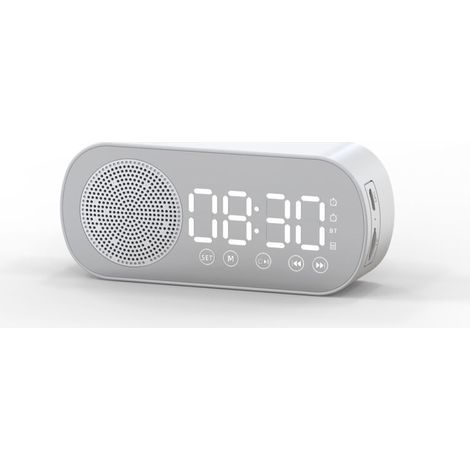 Réveil numérique sans fil à LED, haut-parleur compatible Bluetooth, Radio FM, grand écran, batterie, chambre à coucher, salon, bureau(Blanc) (1/4)