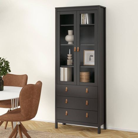 Dmora - Vitrine Lazio, Glas-Sideboard, Mehrzweckvitrine, Hängendes Bücherregal mit Glastüren, 78x33 h199 cm, Schwarz (1/5)