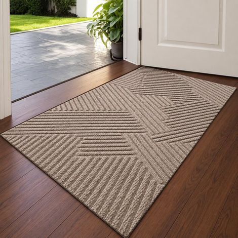 Tapis de porte antidérapant à rayures – Kaki – Polyester – 75 cm x 45 cm – Dessous en caoutchouc – Facile à nettoyer – Idéal pour l'entrée, la véranda ou le garage – 75 cm x 45 cm (1/5)