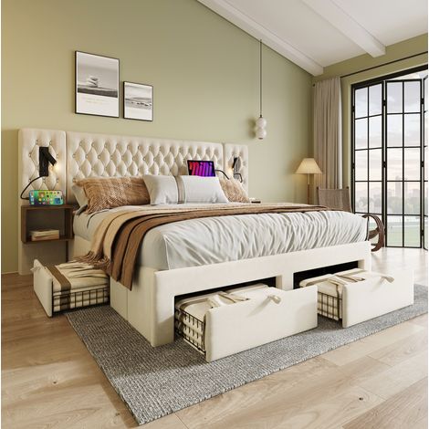 Lit 180x200 avec tiroirs, chevets USB velours beige HAVRYA (1/5)