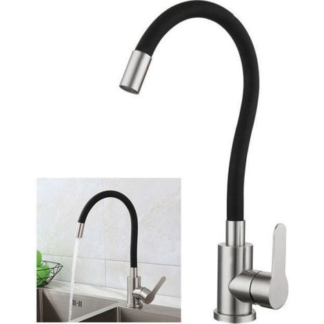 Robinet de Cuisine Flexible Bec Haut Orientable Librement Mitigeur Évier Flexible Acier inoxydable brossé et Noir (1/5)
