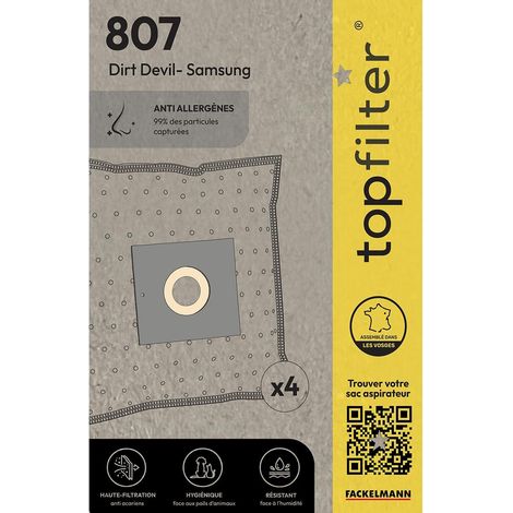 TopFilter 64807 Lot de 4 sac aspirateur Dirt Devil Samsung, sac aspirateur, poche aspirateur, accessoire aspirateur, Non tissé polypropylène, Caoutchouc, Carton, 30 x 26 cm (1/5)