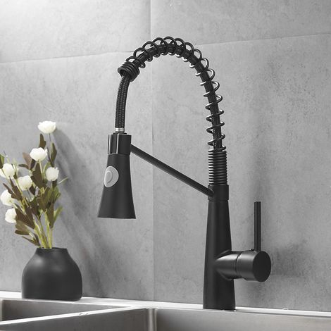 Robinet de cuisine, robinet à ressort en spirale, robinet de cuisine pivotant à 360°, robinet en laiton avec conduite d'eau - noir (1/5)