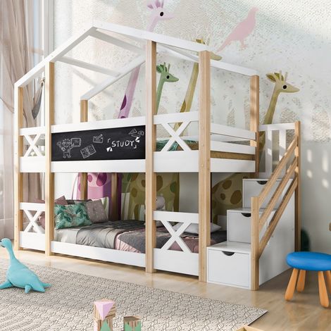 Letto a castello 90x200cm, scaletta con contenitore, barriera di sicurezza, protezione anticaduta, rete a doghe in legno massello, forma di casa, per adulti e bambini, legno massello - Naturale (1/5)