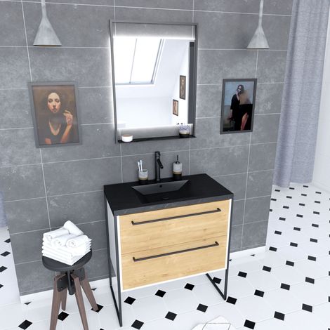 meuble de salle de bain 80x50 cm + 2 tiroirs chêne naturel + vasque noir effet pierre + miroir led (1/4)