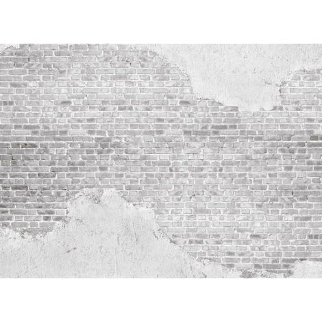 Papier peint panoramique blanc et gris Tapisserie panoramique industrielle pour salon Papier peint panoramique effet mur de brique (1/4)
