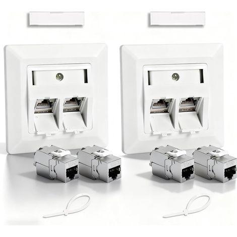 2 Prises Réseau Cat 7 Encastrées à 2 Ports + 4 Modules Keystone RJ45 CAT 7 Jusqu’à 10 Gbit/s – Prise Murale Encastrable LAN STP Blindée, Prise Ethernet LAN Encastrée 10 Gbit/s, Blanc (1/5)