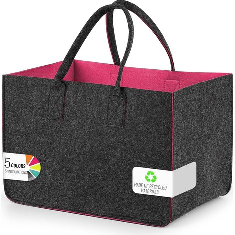Panier à provisions de 30 l avec anse, robuste, bien conçu, pliable - Sac de rangement en feutre pour les voyages en plein air, pique-nique, shopping en extérieur (Gris foncé - Rouge, 1 pièce) (1/5)