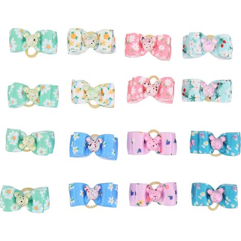Nœuds en poils de chien multicolores à 2 couches, 16 pièces, motif Floral, papillon, pour animaux de compagnie, avec bandes en caoutchouc, pour chiot et chat (1/5)