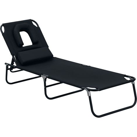 HOMCOM Chaise Longue Pliante Transat de Jardin Noir, Siège Inclinable pour Lecture Bain de Soleil Extérieur