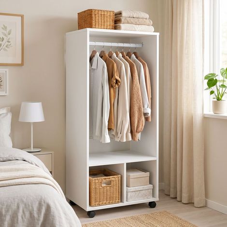 Placard ouvert avec roulettes, barre et étagères pour avoir des vêtements suspendus et pliés 60x40x128 cm blanc. (1/5)