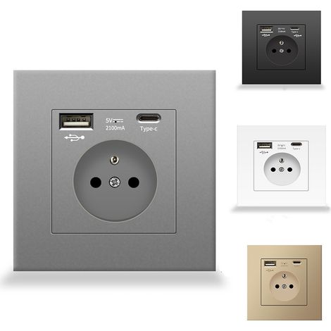 Prise murale française avec ports USB et Type-C, Prise de courant encastrable – Double prise avec chargeur rapide – Protection anti-surchauffe – Idéale pour bureau à domicile, chambre, salon