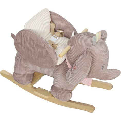 Cheval à bascule pour bébé avec son d'éléphant et harnais de sécurité 3 points, socle en bois marron (1/5)