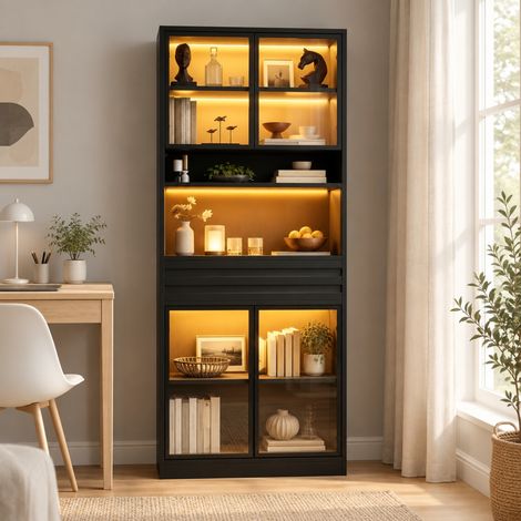 Vitrina 80/35/200 cm negra de MDF con 4 puertas de cristal, cajón y LED RGB (1/5)