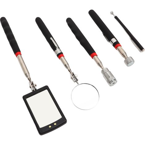 Ensemble d'outils de ramassage magnétique télescopique 5 pièces, ensemble de lunette d'examen télescopique : tige magnétique de 10 lb + tige magnétique LED de 8 lb + tige magnétique de 1,5 lb + miroir (1/5)