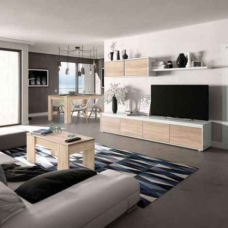 Pack de Muebles de Salón Estilo Nórdico en Color Blanco y Roble Canadian con por Modulo de TV, Mesa de Centro y Mesa de Comedor