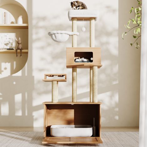 Arbre à chat moderne avec griffoir – plateforme, espace repas, hamac & meuble bac à litière (bac non inclus), noyer, 80×50×173 cm (1/4)