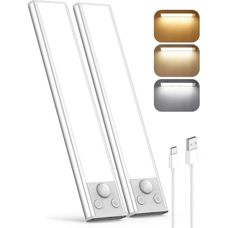 Lot de 2 Lampe LED à détecteur de mouvement pour cuisine – 1500 mAh rechargeable, aimantée, sans fil – Idéale pour placard, armoire, escalier et plan de travail-Gris-30cm (1/4)